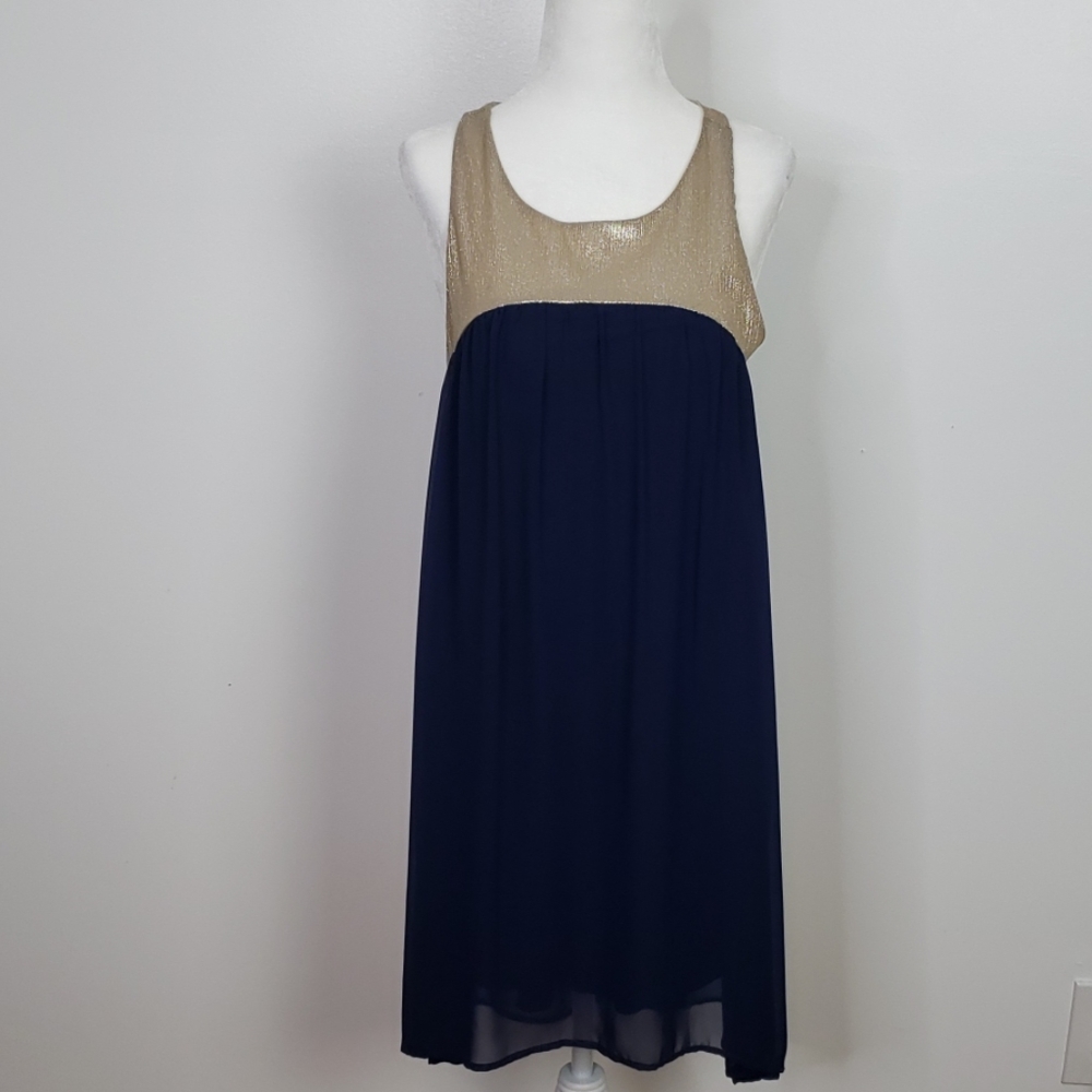 Dina Be Gold Metallic and Blue Chiffon Dress Sz. M